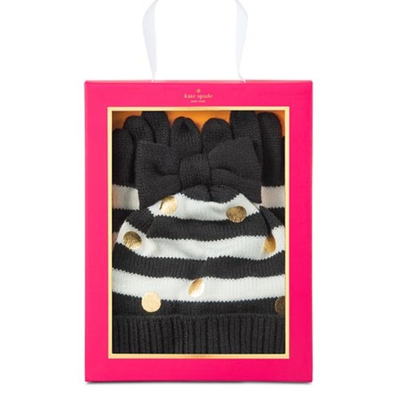 🌸Girls Stripe Gold Dots Bow Hat & Glove🌸 - Picture 2 of 2